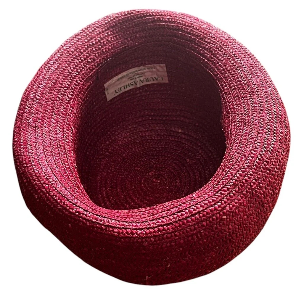 VTG Laura Ashley Italy Cloche Summer Rolled Brim 90s Red Pink Raffia Straw Hat
